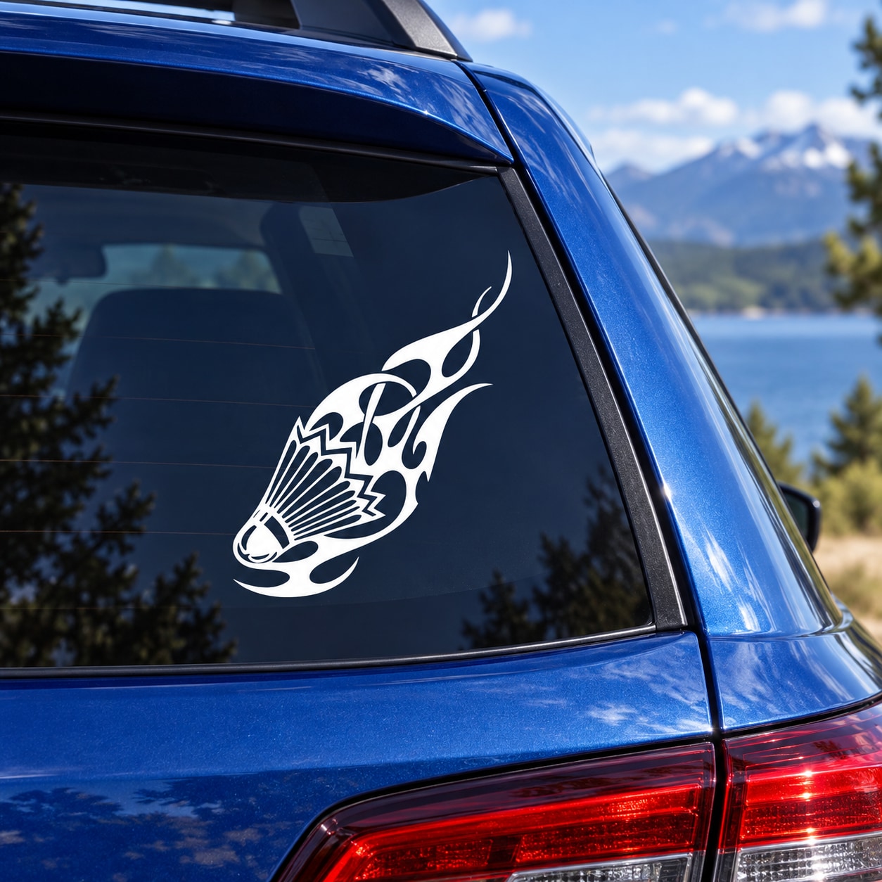 Badminton decal with white shuttlecock and badminton icon on car window