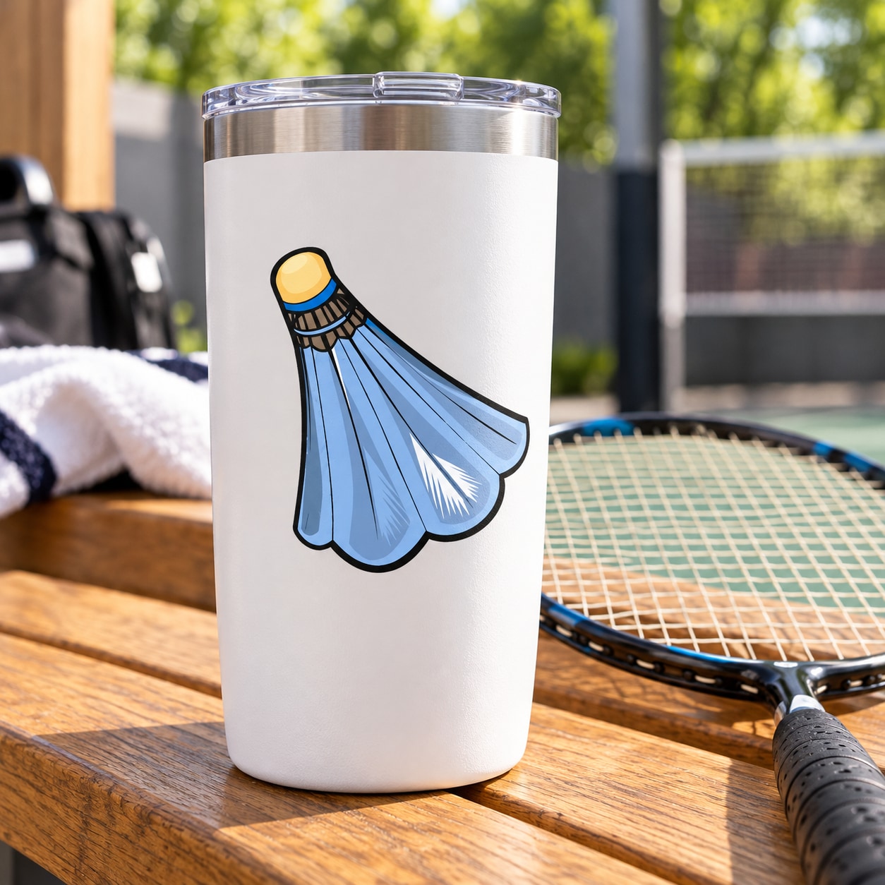 Badminton shuttlecock sticker on a white tumbler