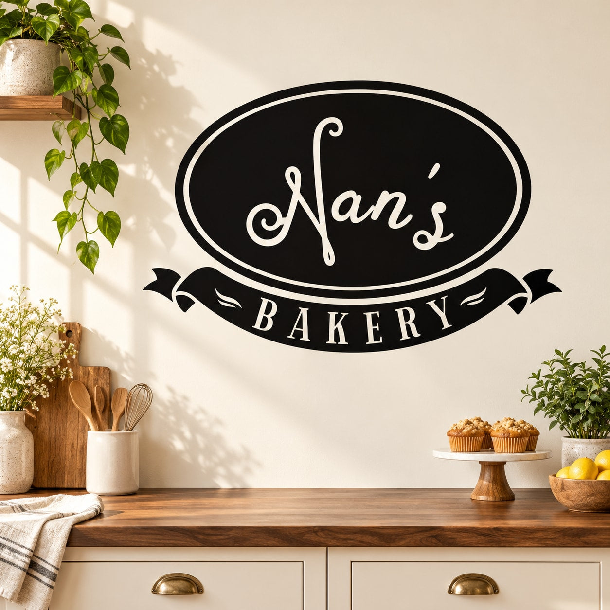 Black oval Nan's Bakery wall decal with white script and ribbon banner