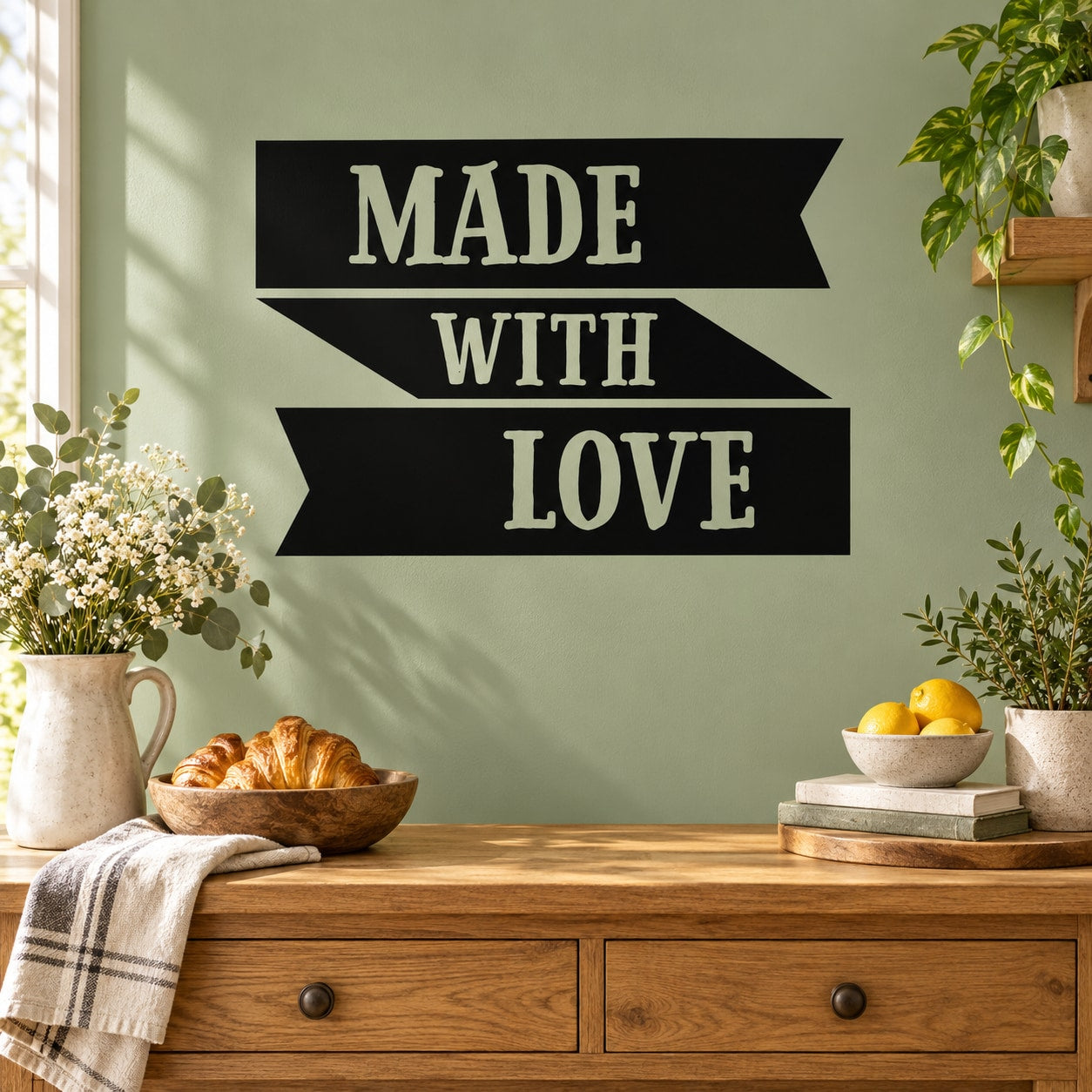 Black and cream Made With Love wall decal, ribbon banner style text.
