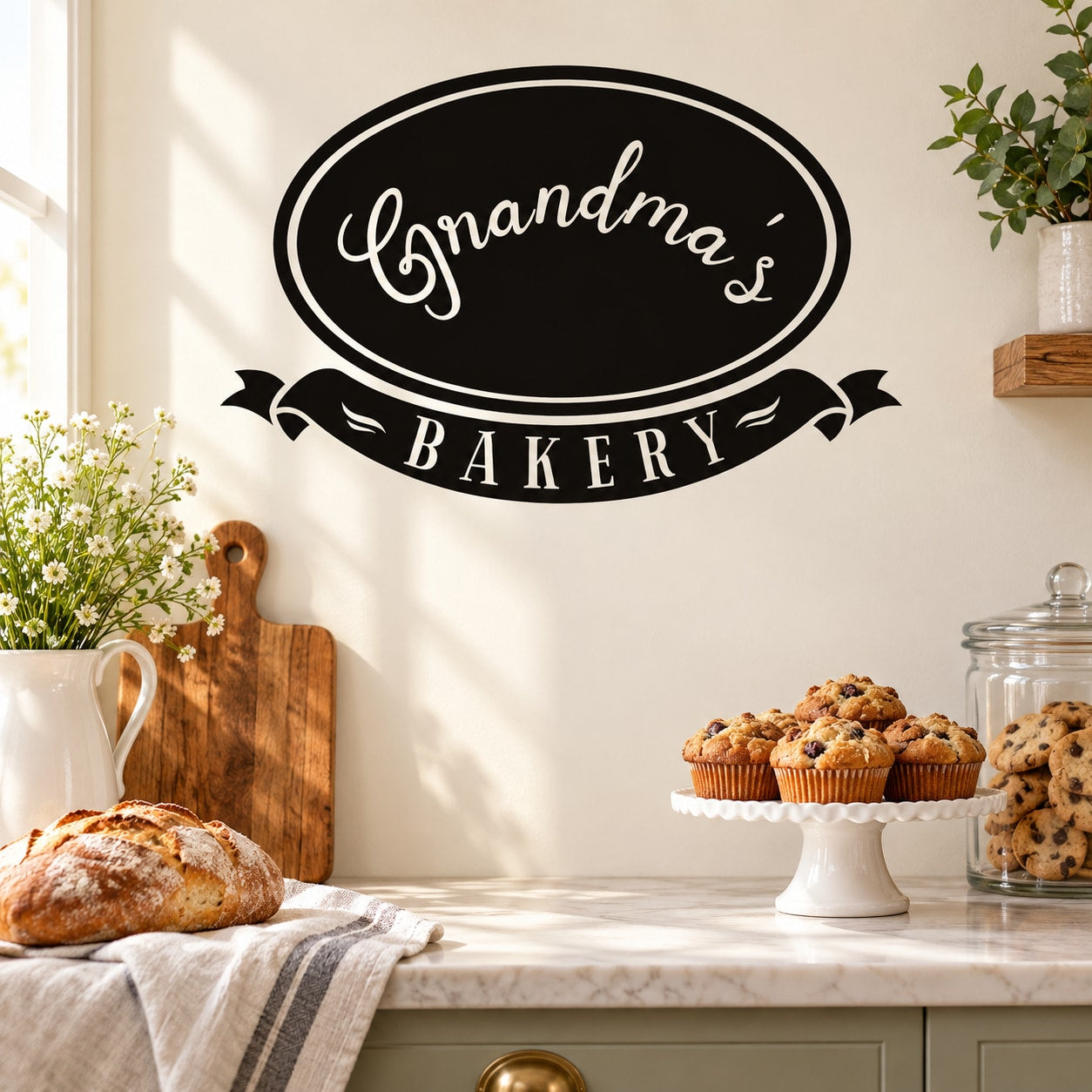 Black wall decal: oval 'Grandma's' script and 'Bakery' banner text