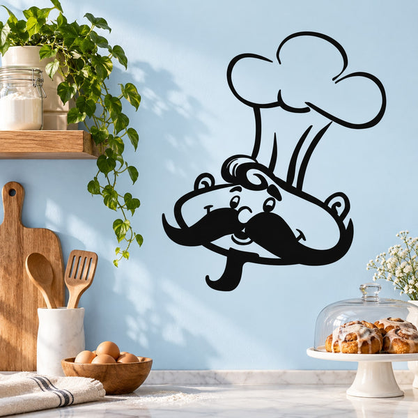 Black cartoon chef decal with tall hat and curled mustache