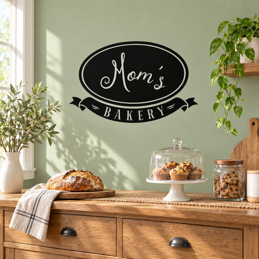 Mom's Bakery wall decal with oval sign and ribbon text 'Mom's BAKERY'