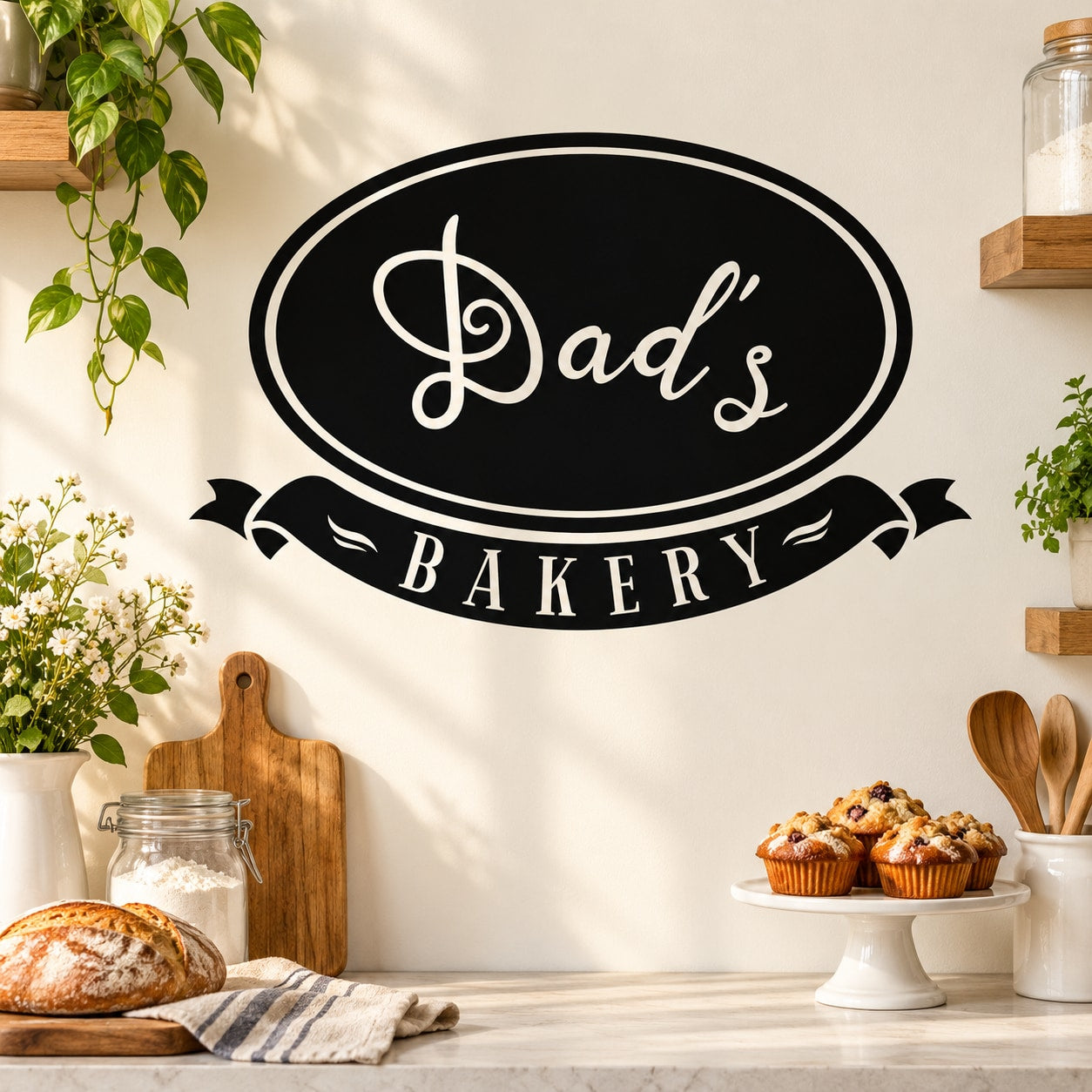 Bakery wall decal with black oval reading "Dad's" and "BAKERY" in white script