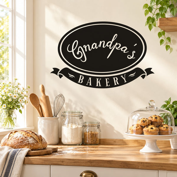 Black wall decal: oval "Grandpa's Bakery" script and banner