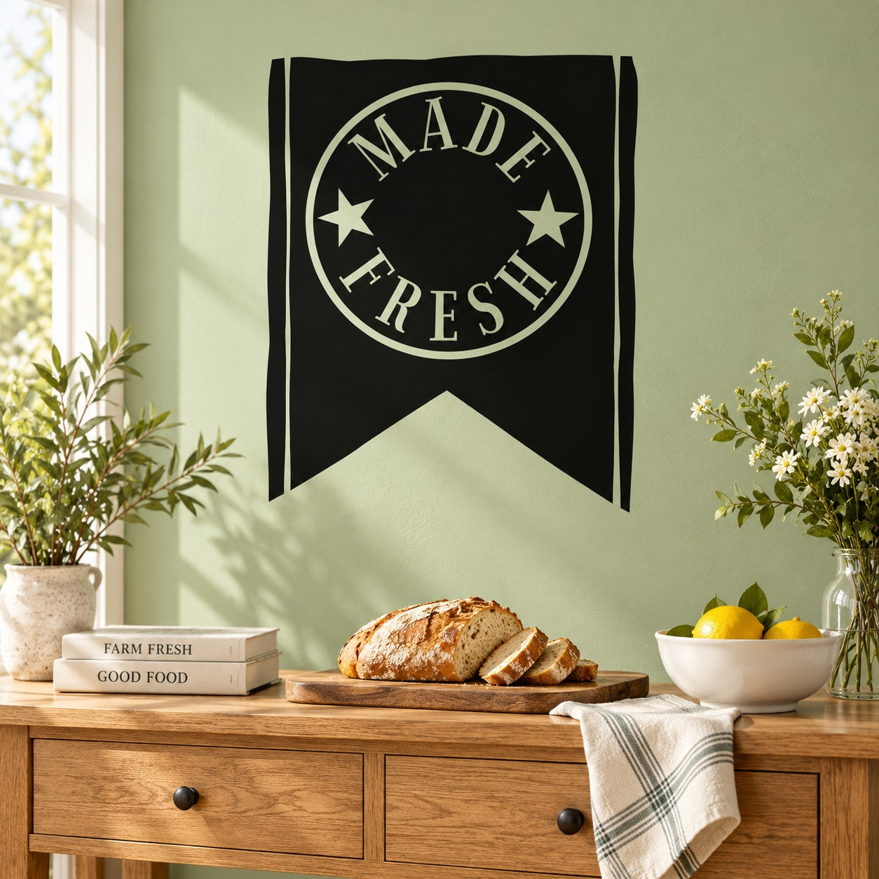 Black “Made Fresh” decal flag with circular logo and star accents