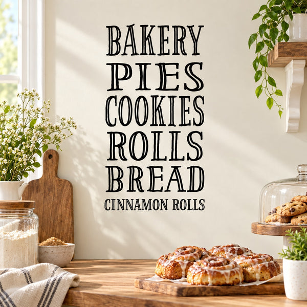 Black bakery word collage decal with text: BAKERY, PIES, COOKIES, ROLLS, BREAD