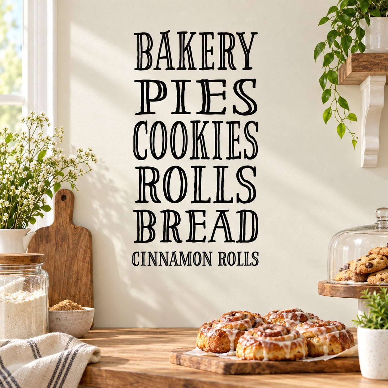 Black bakery word collage decal with text: BAKERY, PIES, COOKIES, ROLLS, BREAD