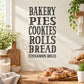 Black bakery word collage decal with text: BAKERY, PIES, COOKIES, ROLLS, BREAD