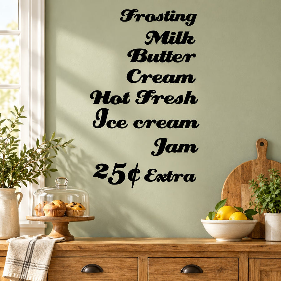 Bakery word collage wall decal with cursive baking words: Frosting, Milk Butter, Cream, Jam.