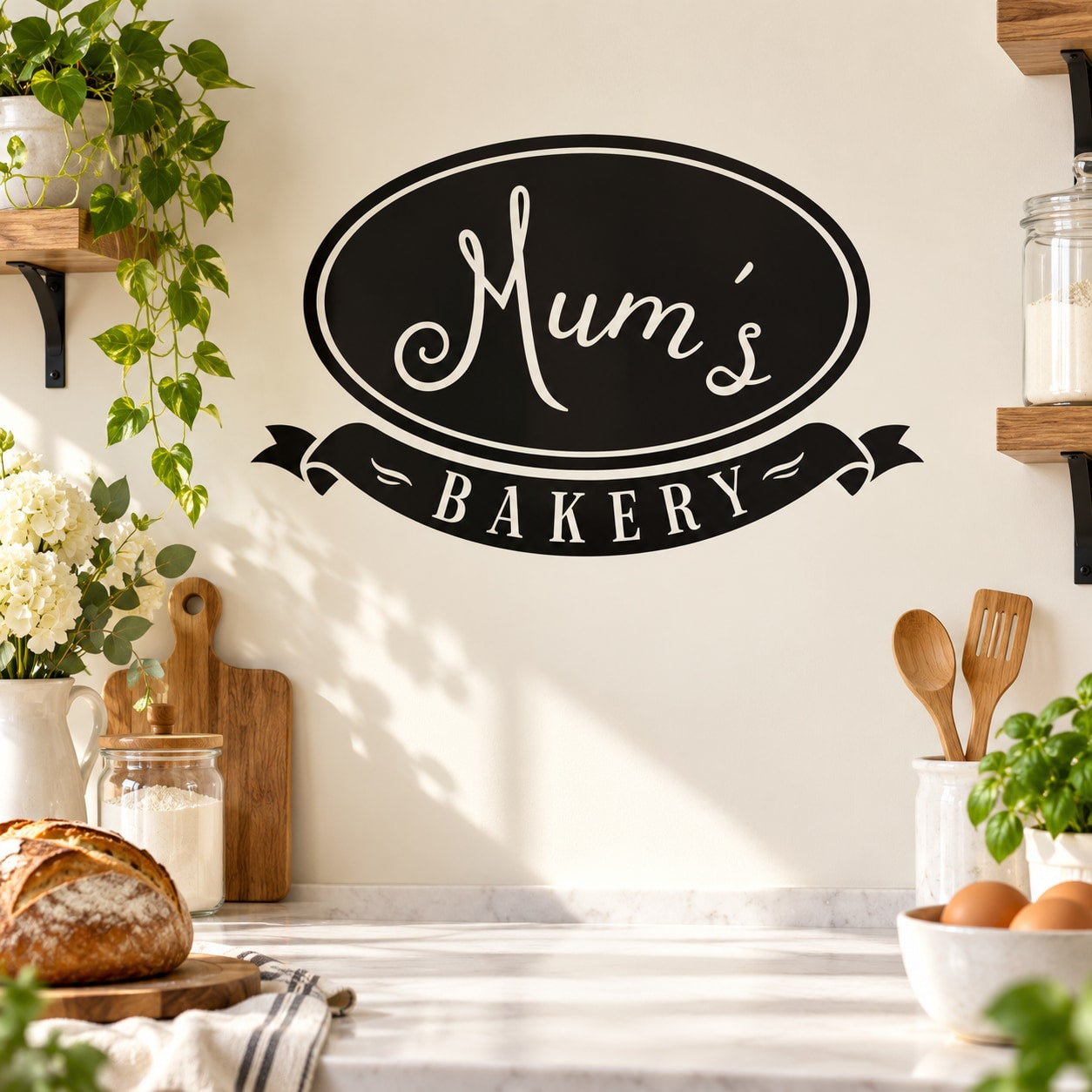 Black oval Mum's Bakery wall decal with white script and ribbon banner