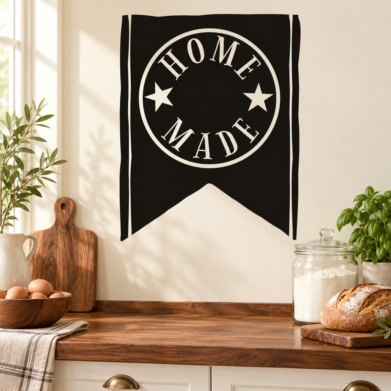 Black Home Made wall decal with circular badge and hanging ribbon banner