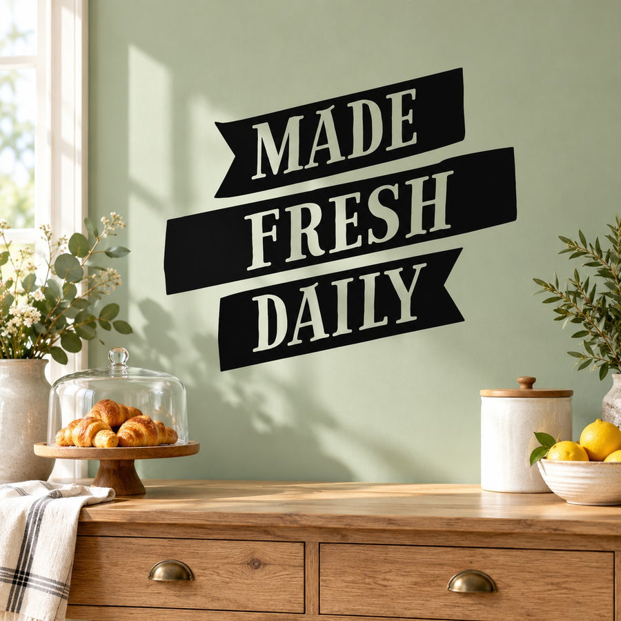Black and white 'MADE FRESH DAILY' wall decal with stacked lettering