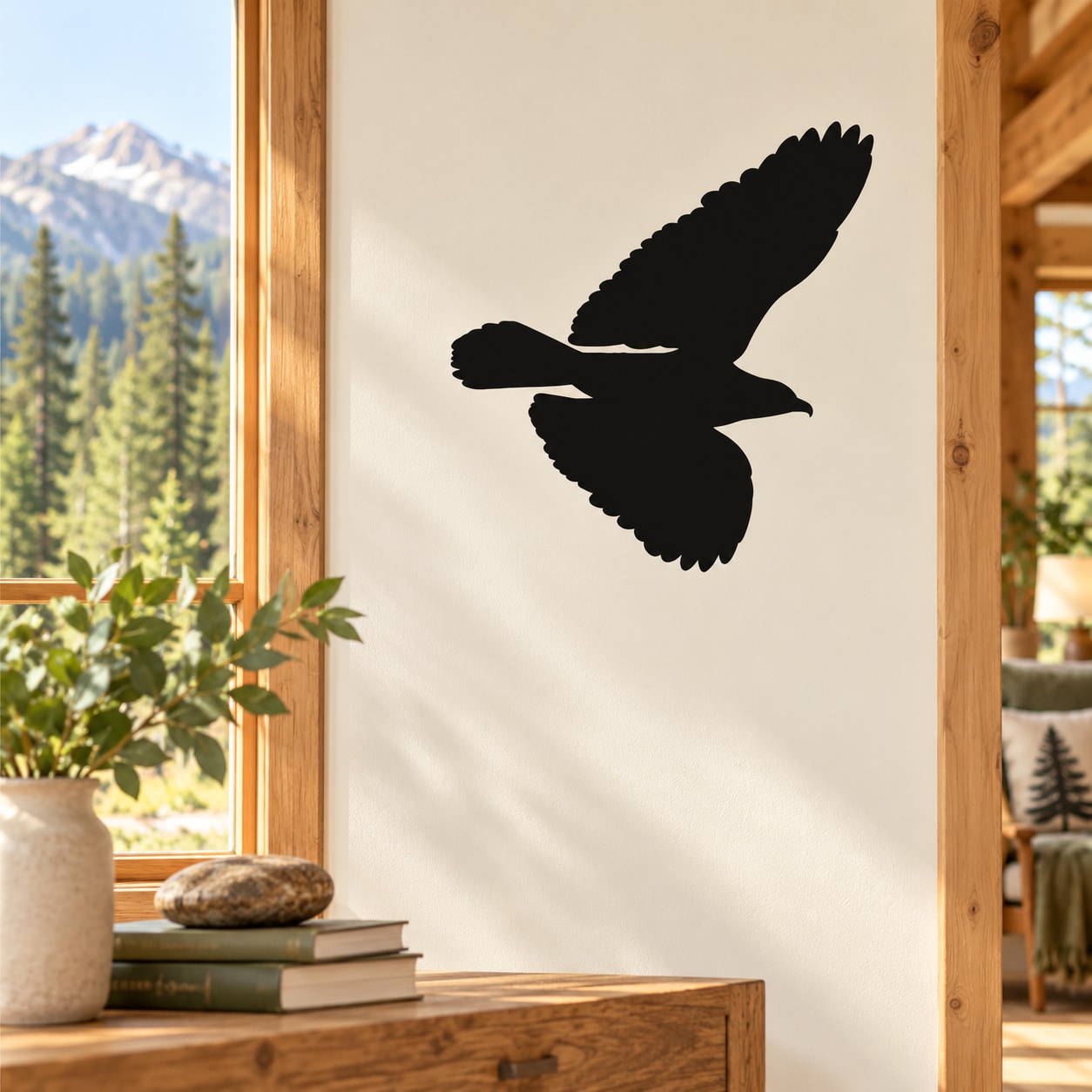 Flying bald eagle wall decal, black silhouette