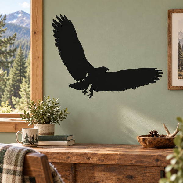 Black bald eagle flying with claws out vinyl wall decal silhouette