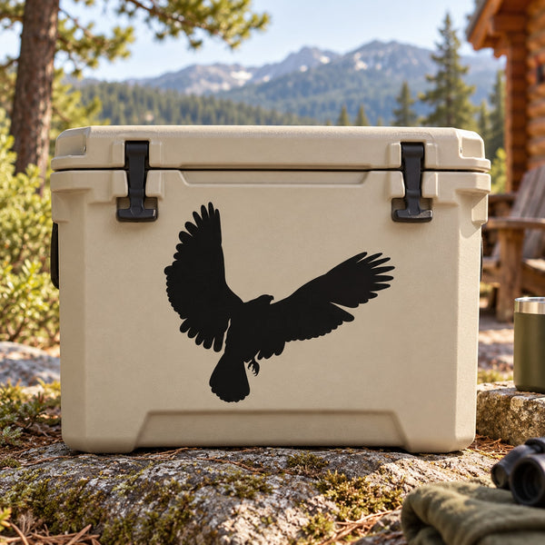 Beige cooler with black bald eagle decal