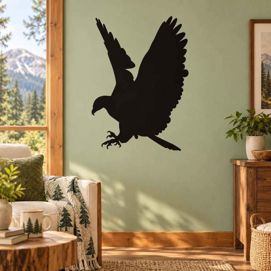 Black bald eagle silhouette wall decal, wings spread and talons out