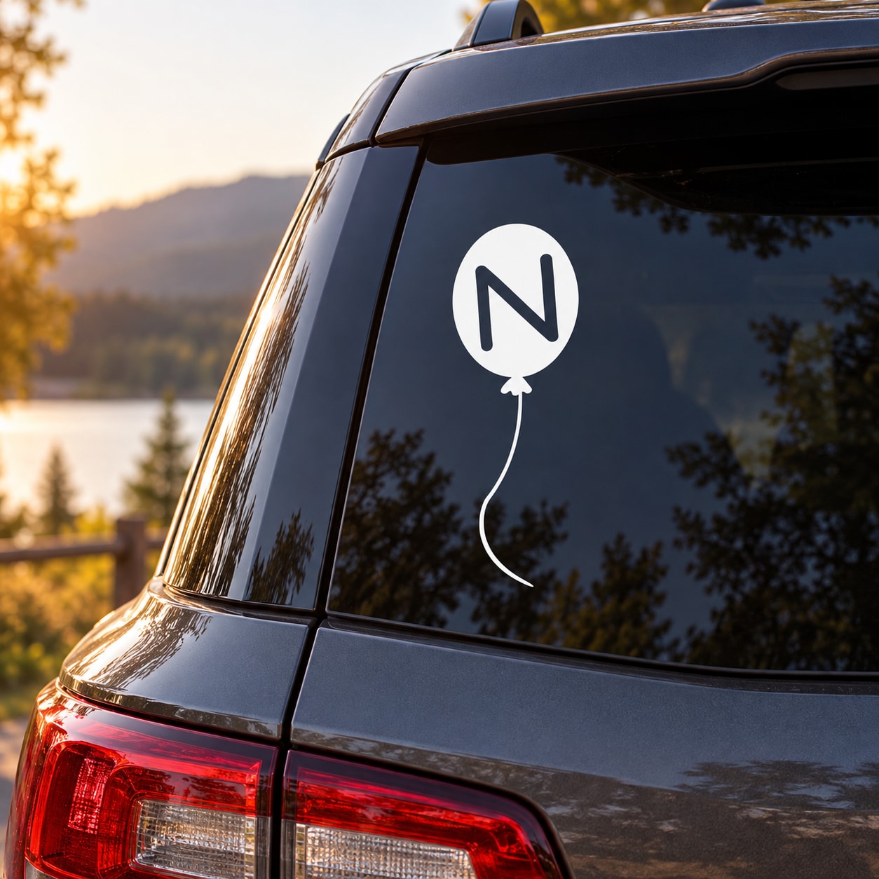 Letter N balloon decal sticker for car windows, white circle with black N and string