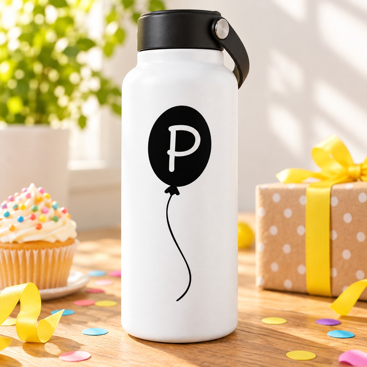 Black balloon decal with letter P and string