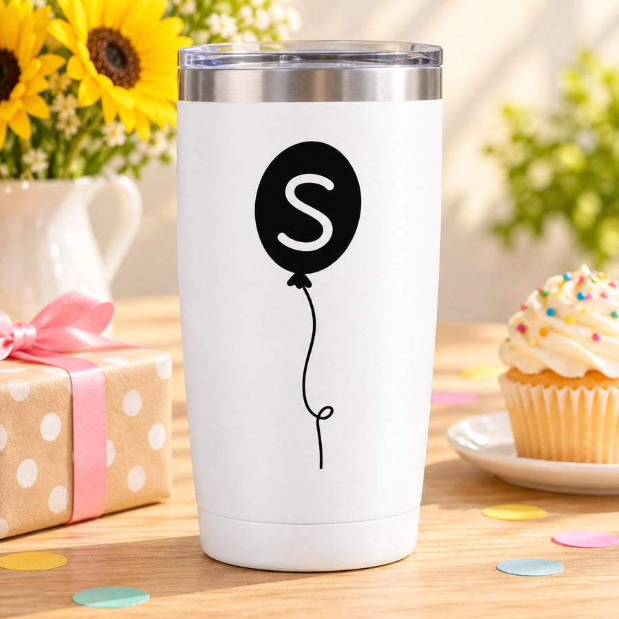 Letter S balloon decal, black balloon outline with curly string on white background