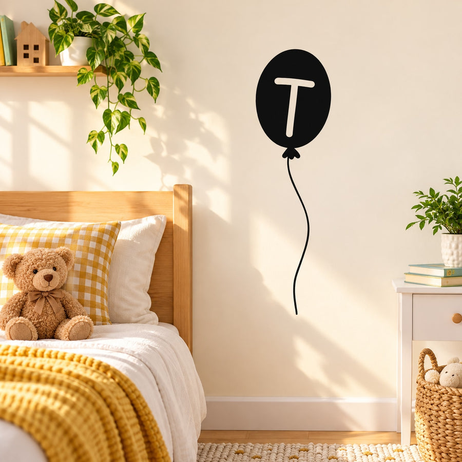 Letter T balloon decal, black balloon with white T lettering