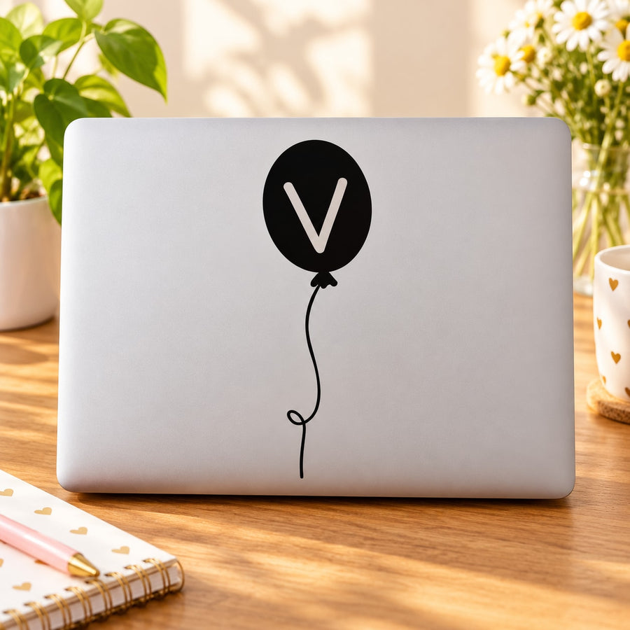 Letter V balloon decal with black V in circle and balloon string