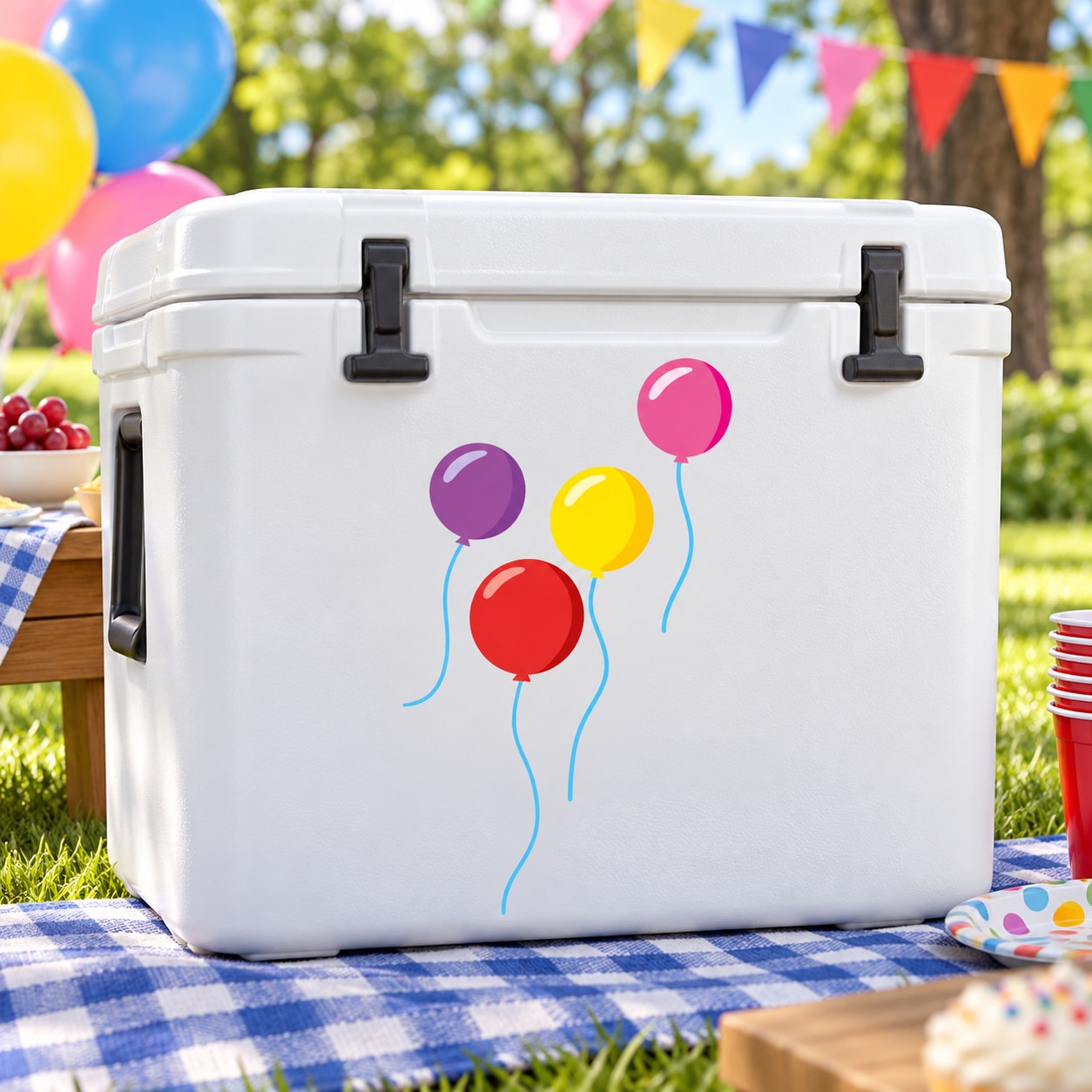Colorful balloon stickers on a white cooler: five balloons with curly strings