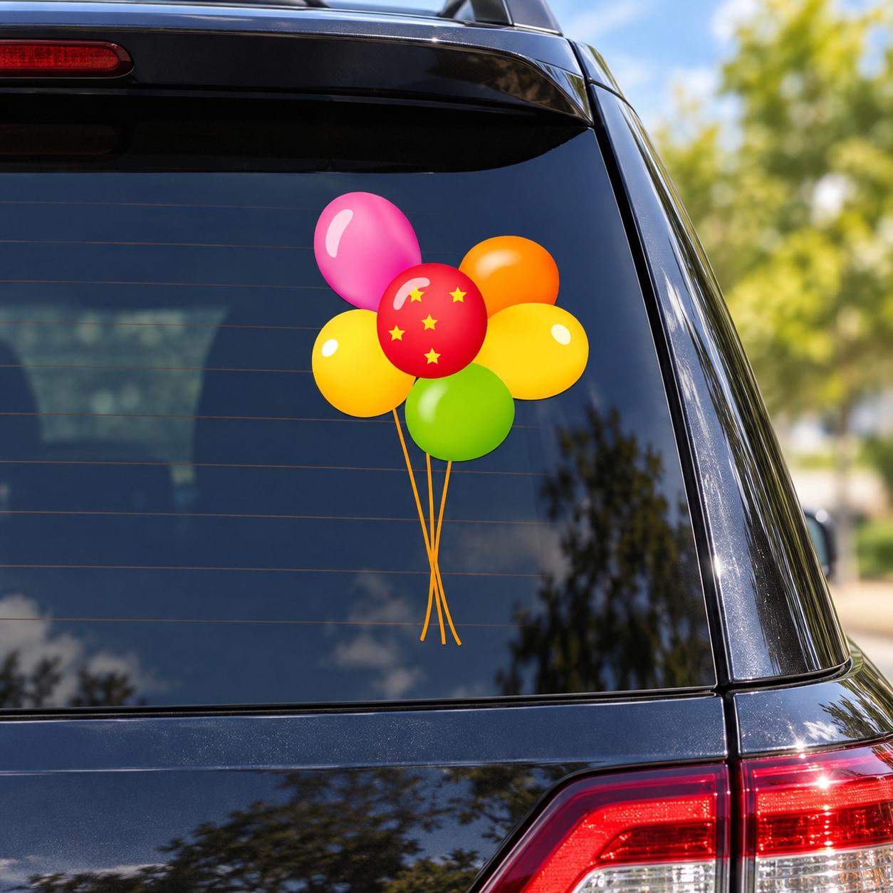 Multi-color balloon cluster sticker with star-pattern red balloon on car window