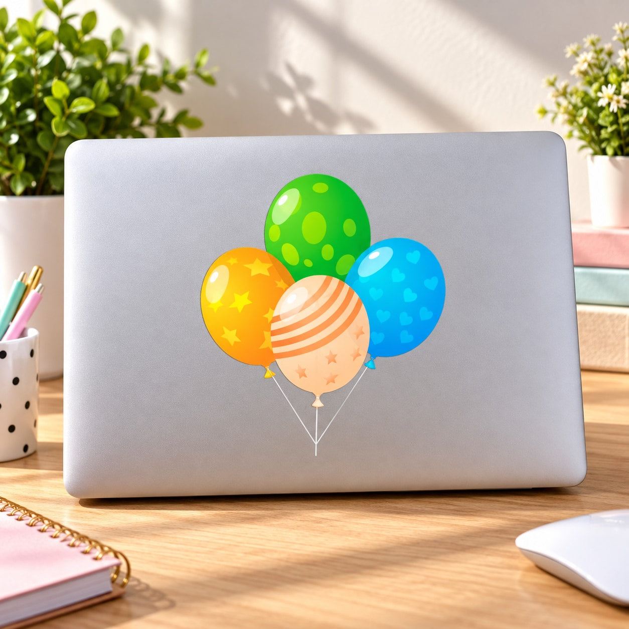 Assorted color balloon sticker with four tied helium balloons illustration