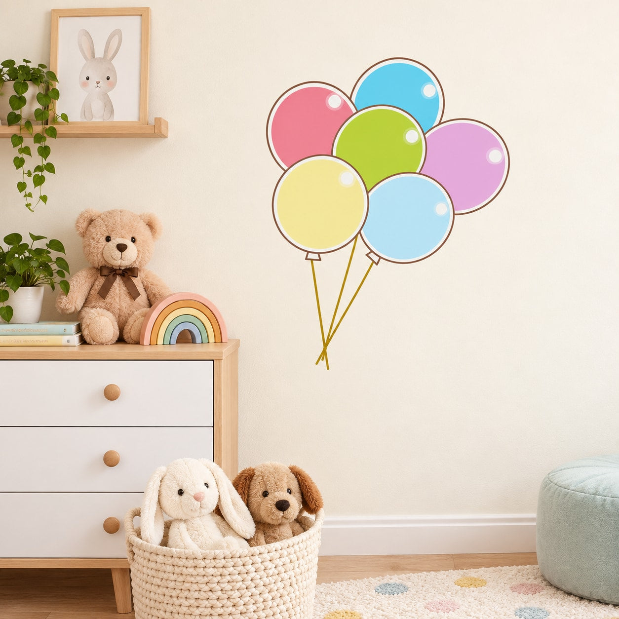 Set of 6 flat color balloon stickers with pastel balloon shapes and strings