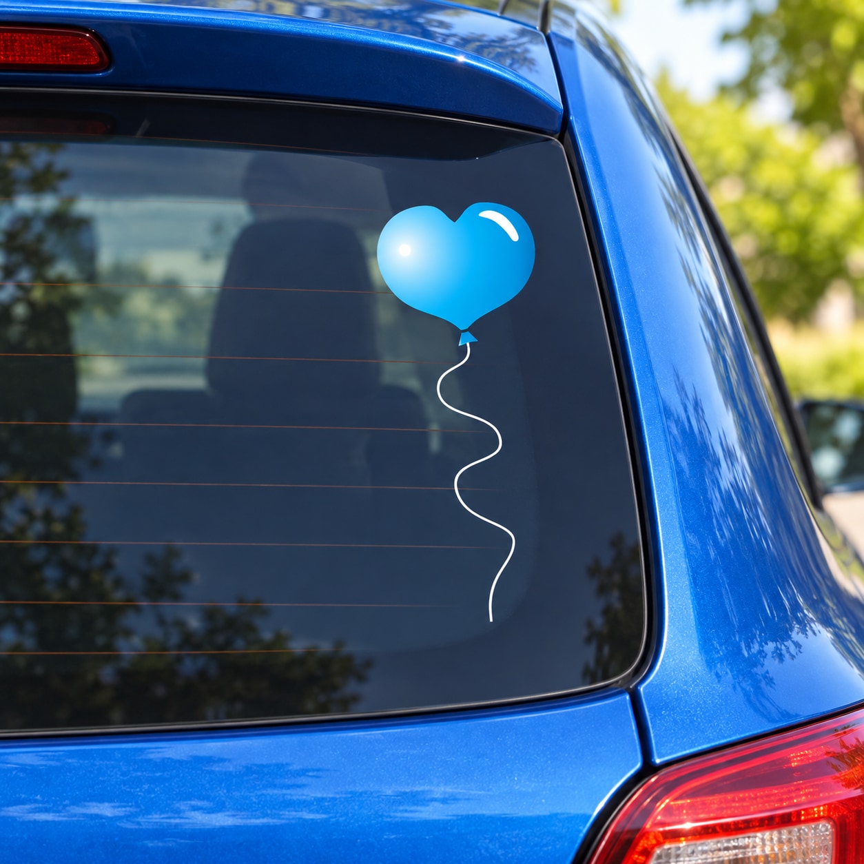 Blue heart balloon sticker with white string on car window glass