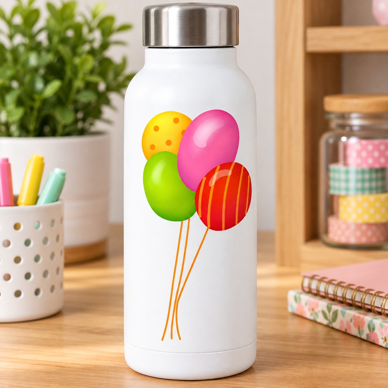 White bottle with colorful balloon patterned loose balloons sticker