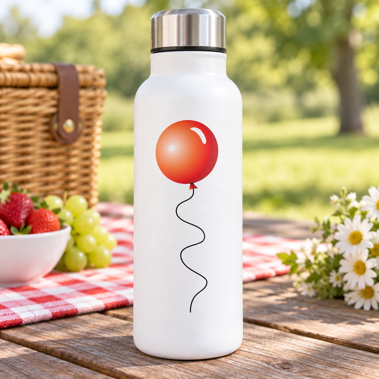 Red balloon sticker with red balloon and curly string on white bottle