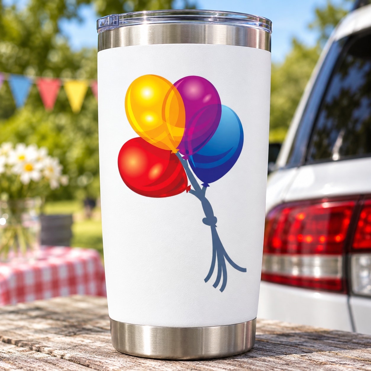 Tied balloons sticker with four colorful balloons and strings on a white tumbler