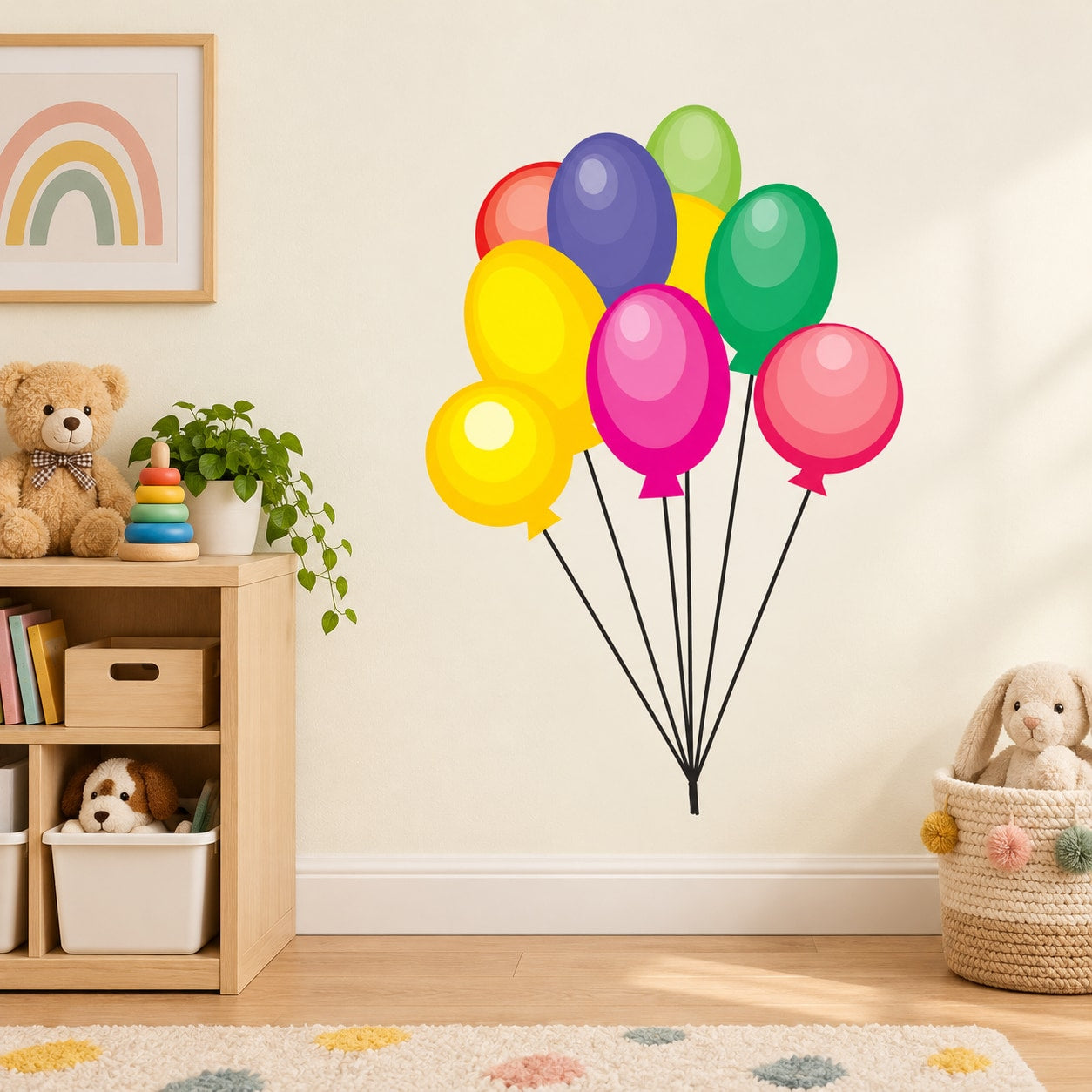 Multicolor balloon sticker with 9 latex-style balloons and black strings
