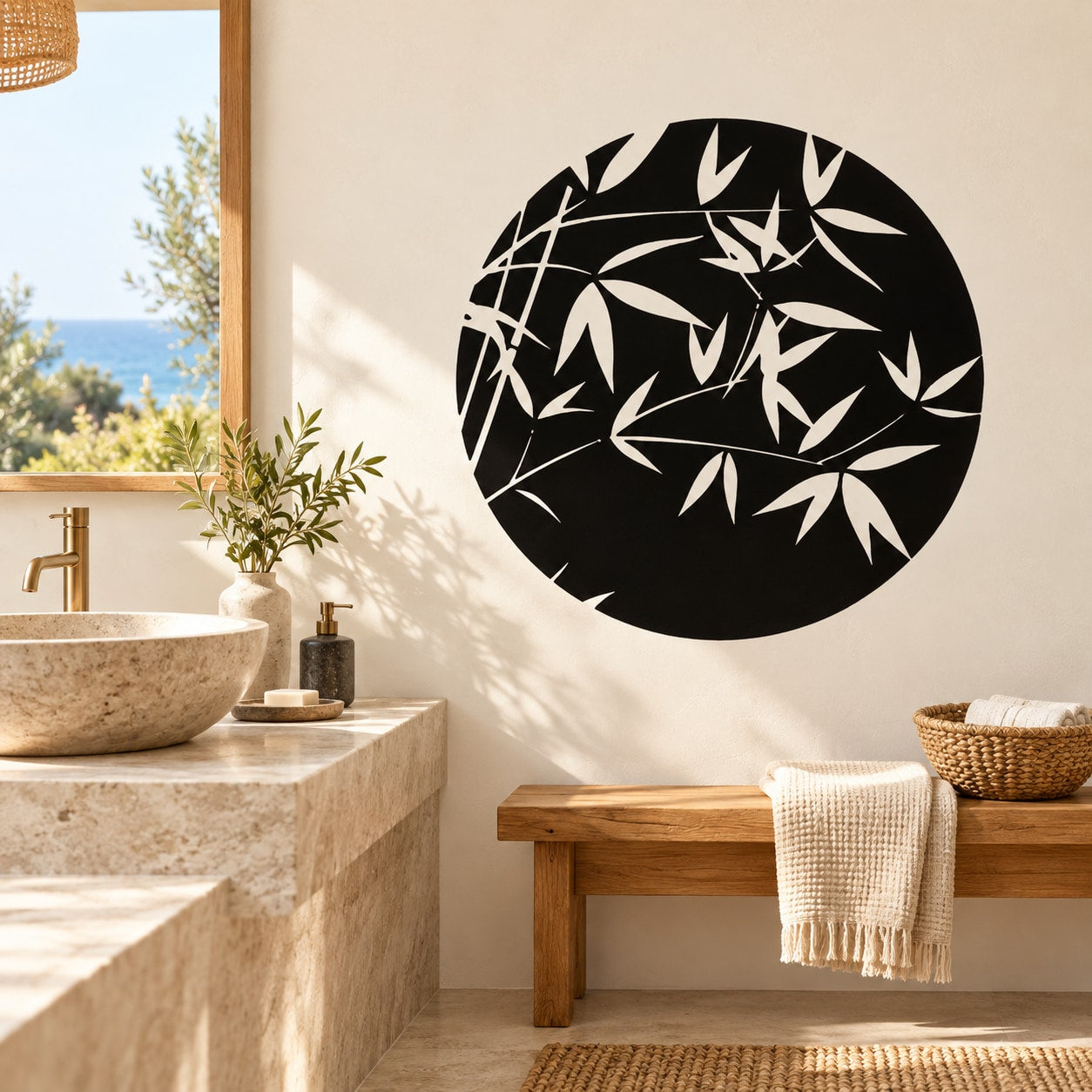Bamboo stalks and leaves wall decal, black round design with bamboo silhouettes