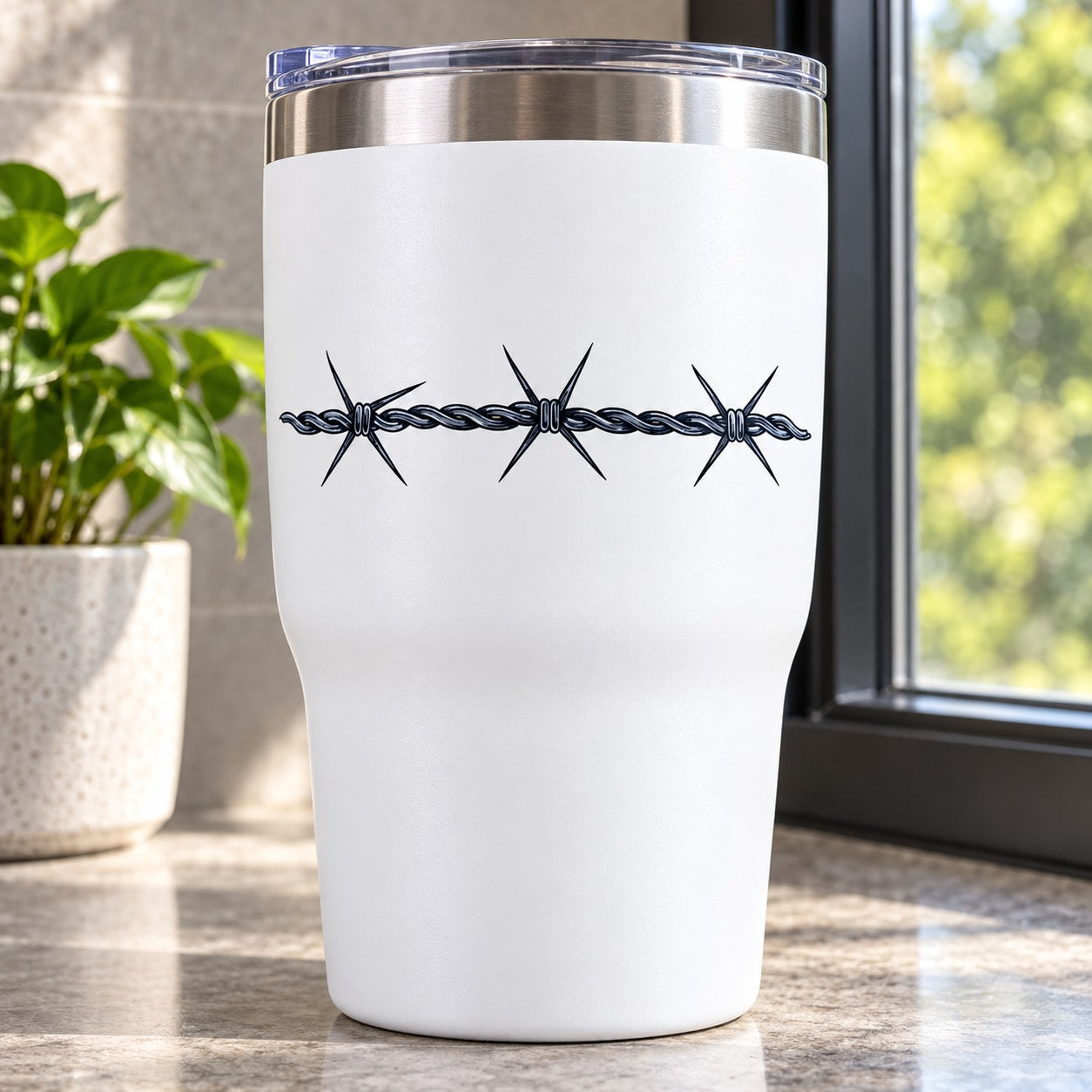 Barbed wire vinyl decal with dark blue-black barbed wire stripe
