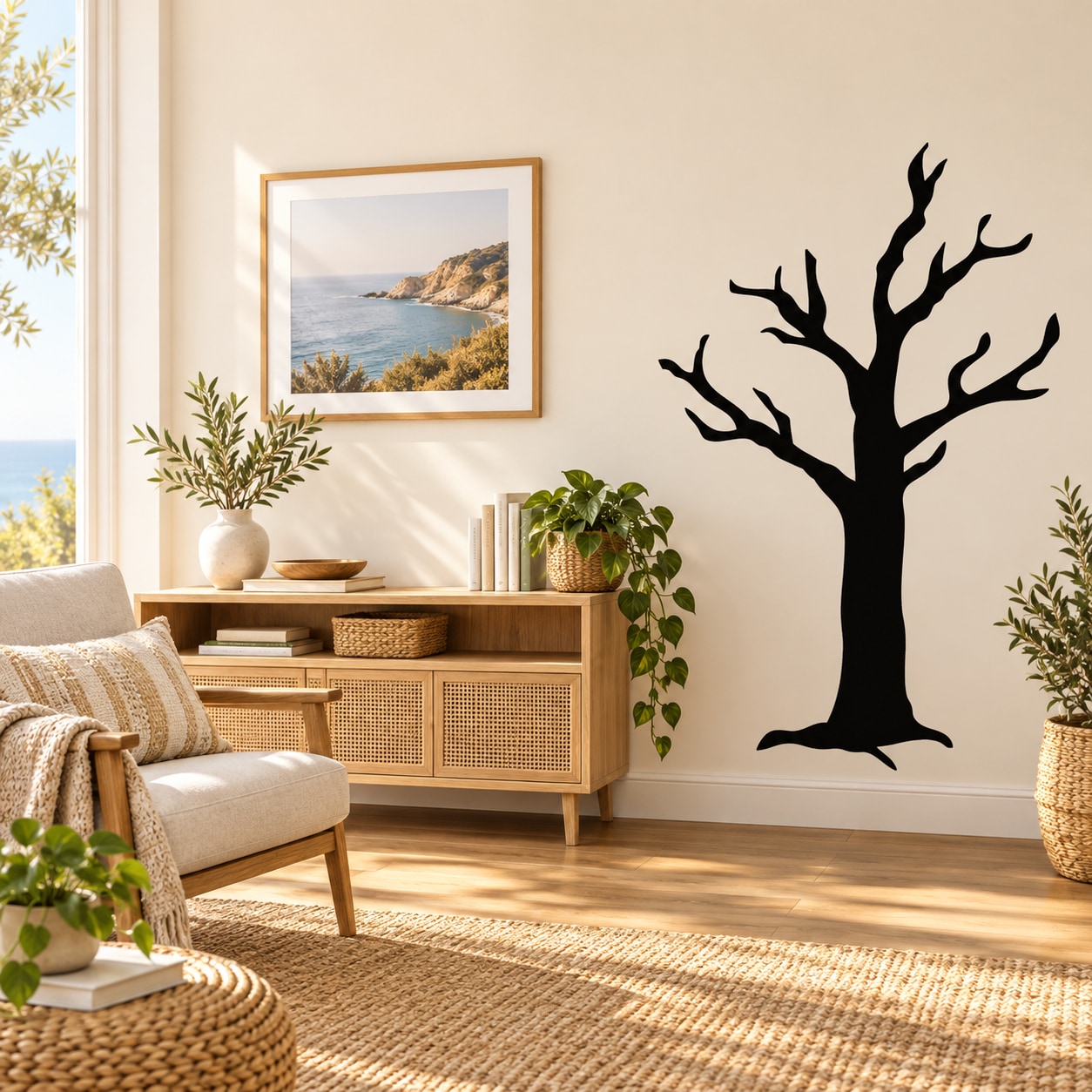 Bare tree silhouette wall decal with branching limbs, black.