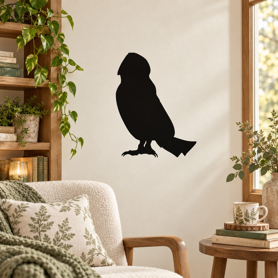 Standing barn owl wall decal with black silhouette