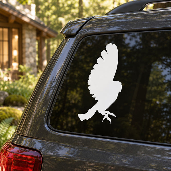 White barn owl flapping decal on car rear window