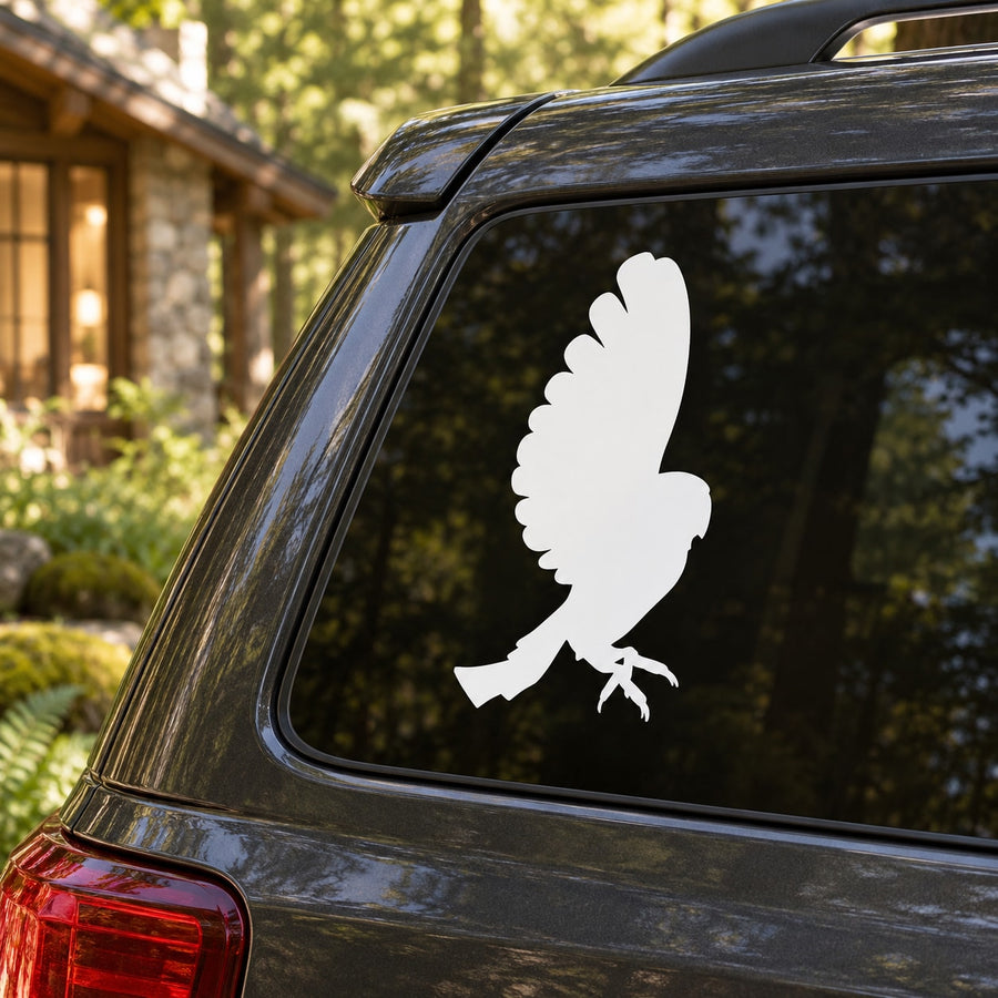 White barn owl flapping decal on car rear window