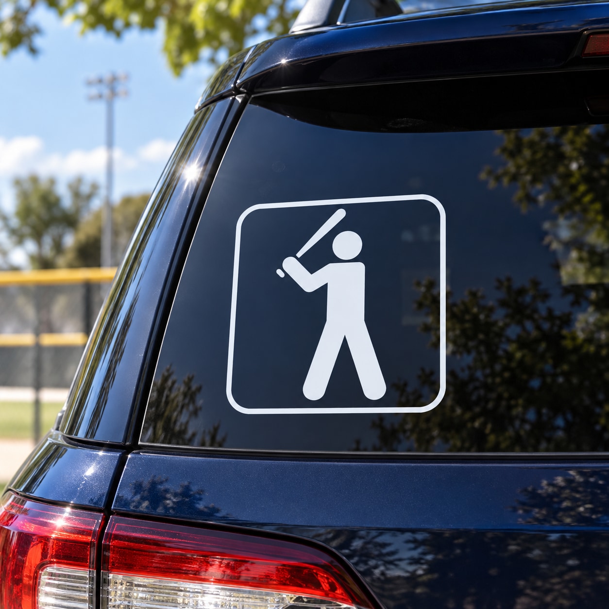 Baseball batter decal with white outlined batter silhouette and bat icon