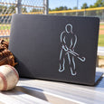 Baseball batter outline sticker on dark rectangular backing, white line art batter