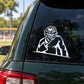 Baseball catcher decal featuring white helmeted catcher graphic on car window
