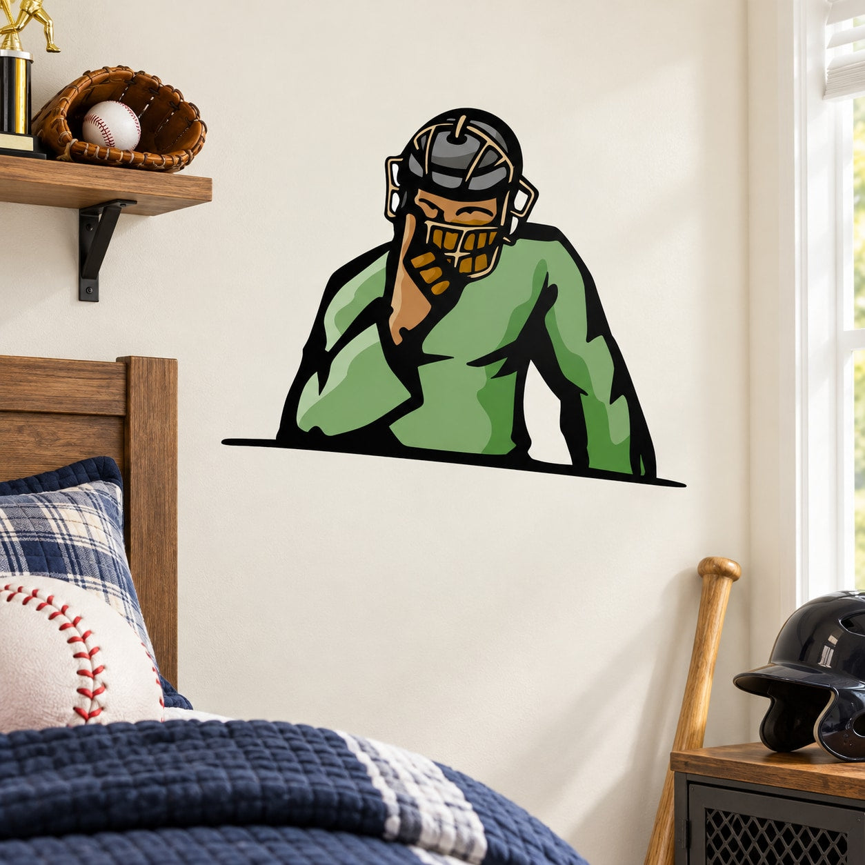 Baseball catcher wall sticker of a green-uniform catcher with helmet and glove
