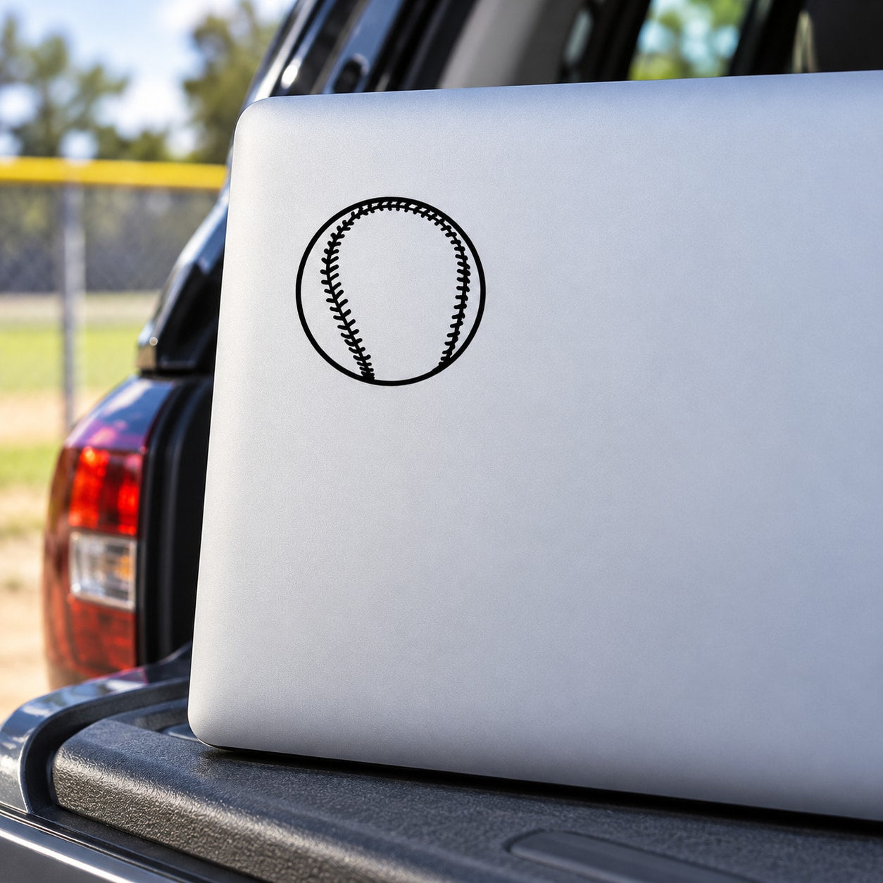 Baseball gear decal: black baseball icon on white panel
