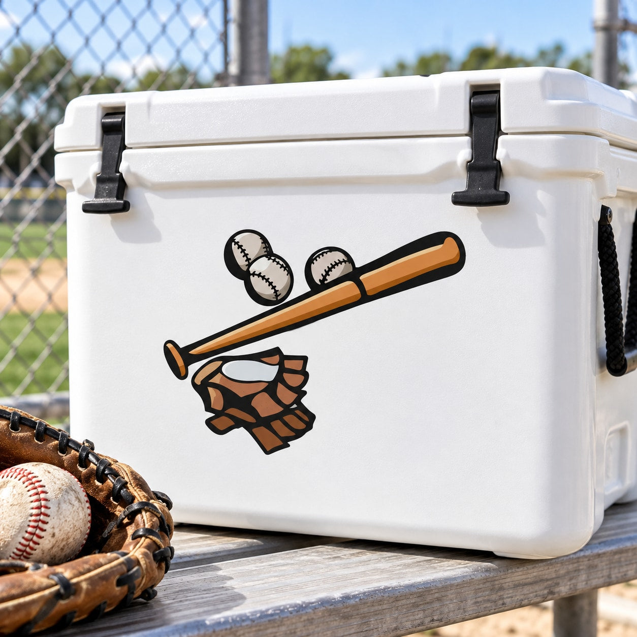 Baseball-themed sticker set with bat, glove, and two baseballs on white cooler