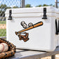 Baseball-themed sticker set with bat, glove, and two baseballs on white cooler