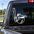 Baseball mascot decal on car window, black and white outline