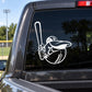 Baseball mascot decal on car window, black and white outline